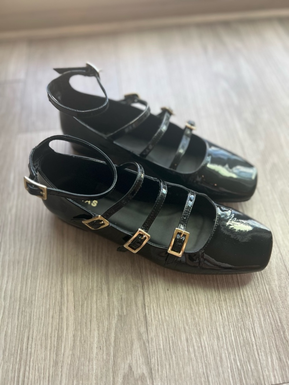 Alohas Black Patent Multi-Strap Mary Jane Flats with Gold Buckles - Picture 2 of 4